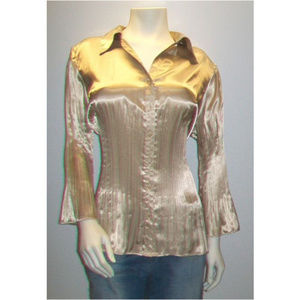 Beige Champagne Pleated Satin Bell Sleeve Blouse
